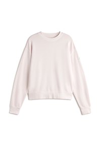 Sweat-shirt uni rose clair à manches longues avec col rond, poignets et bas côtelés, présenté à plat sur fond blanc.