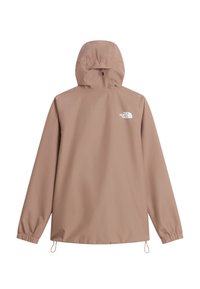 Veste imperméable marron clair avec capuche, poignets élastiques, cordons au bas et petit logo blanc The North Face sur le haut du dos.