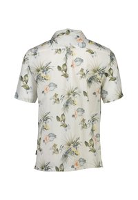 Camicia a maniche corte in tessuto leggero. Presenta foglie tropicali e fiori in delicate tonalità di verde e pastello. Design con colletto, vista posteriore.