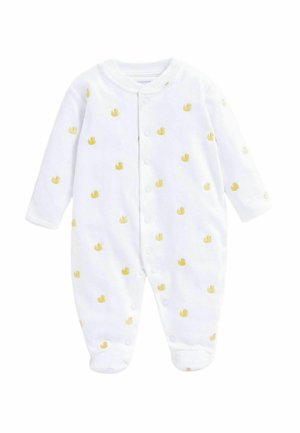 Witte baby rompertje met gele rubberen eendjespatronen, lange mouwen, drukknoopsluiting aan de voorkant en voetjesontwerp. Zachte stoftextuur.