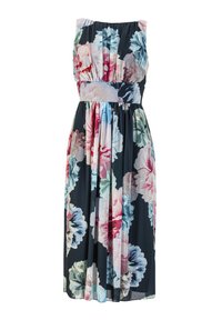 Robe maxi florale en marine foncé avec un col froncé, un design sans manches et de grands motifs floraux colorés en rose et bleu.