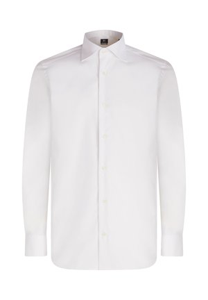 Witte lange mouw blouse met een gladde stof, klassieke kraag en een afgeronde zoom, met knopen aan de voorkant en manchetten.