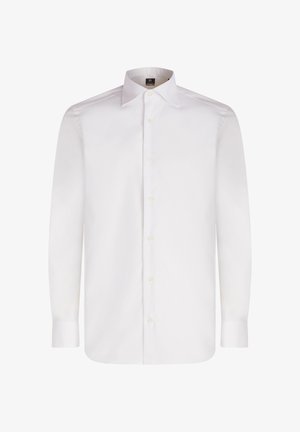 Camicia bianca a maniche lunghe con bottoni, realizzata in tessuto liscio, con colletto classico e orlo arrotondato, dotata di bottoni davanti e maniche con polsini.