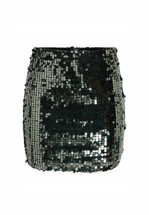 Falda mini de lentejuelas negras con un diseño ajustado. Presenta lentejuelas redondas brillantes dispuestas de manera cercana, reflejando la luz y creando una superficie texturizada.