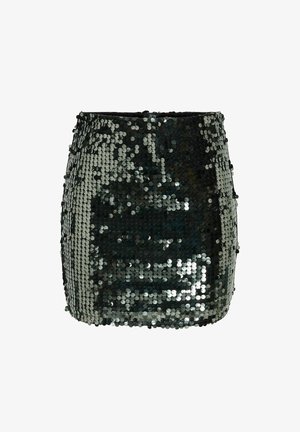 Black sequin mini skirt with a fitted design. Features shiny round sequins arranged closely, reflecting light, creating a textured surface.