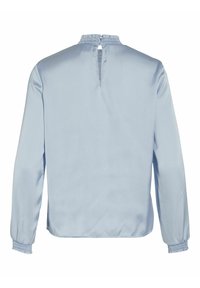Blouse bleu clair à manches longues avec poignets et col élastiques, ouverture en forme de trou de serrure et fermeture par bouton au dos du cou.