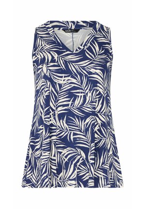 Ærmeløs blå top med hvidt tropisk løvmønster, V-hals og ribbet tekstur, designet til kvinder i plusstørrelse.