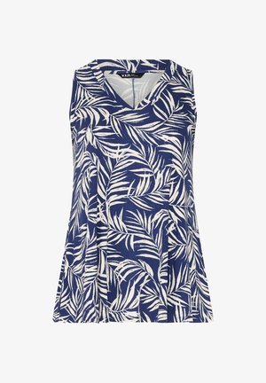 Haut bleu sans manches avec motif de feuilles tropicales blanches, col en V et texture côtelée, conçu pour les femmes grande taille.