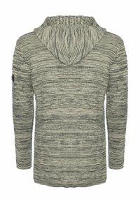 Strick-Hoodie in einem grün-grauen Melange-Muster, mit entspanntem Schnitt, langen Ärmeln und weicher Textur. Mit Kapuze und nahtlosem Rücken.