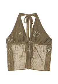 Maslinasto zelena halter bluzica s vezicom, koja se ističe složenim perlama i prozirnom tkaninom, ukrašena cvjetnim i zavojitim uzorcima.