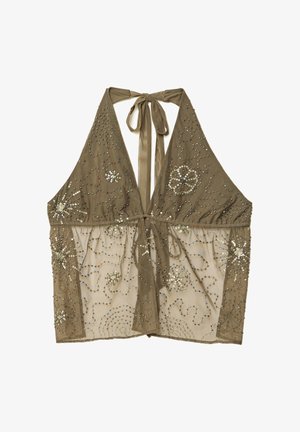 Olivgrünes Neckholder-Top mit einer Bindeschließe, das mit komplizierter Perlenarbeit und einem durchsichtigen Stoffbasis verziert ist, geschmückt mit floralen und wirbelnden Mustern.