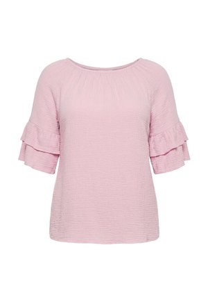 Light pink textured blouse with round neckline and layered ruffle sleeves, displayed on a white background.