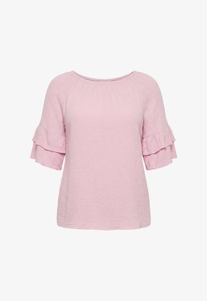 Light pink textured blouse with round neckline and layered ruffle sleeves, displayed on a white background.