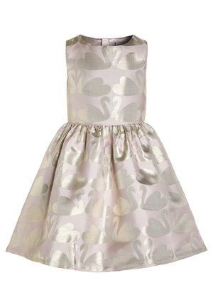 Ärmelloses hellrosa Kleid mit vollem Rock, das ein metallisch silbernes Schwanenmuster auf dem gesamten Stoff zeigt.