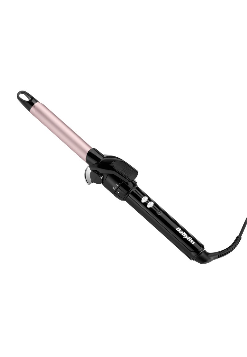 Czarno-różowa lokówka BaByliss z klamrą, dwoma przyciskami sterowania i pętlą na końcu do zawieszania, przedstawiona na białym tle.