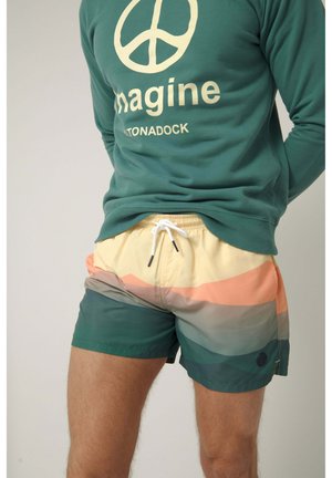 Hombre con sudadera verde «Imagine» y bañador multicolor con rayas horizontales abstractas, de pie con las manos detrás de la espalda.