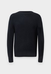 Maglione a maglia blu navy con un design tessuto e testurizzato. Presenta una scollatura a girocollo e polsini e orlo a coste. Vestibilità regolare con maniche lunghe.