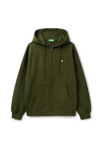 Felpa con zip verde oliva, dotata di cappuccio con cordini, due tasche frontali, polsini a coste e un piccolo logo sul lato sinistro del petto. Tessuto morbido.