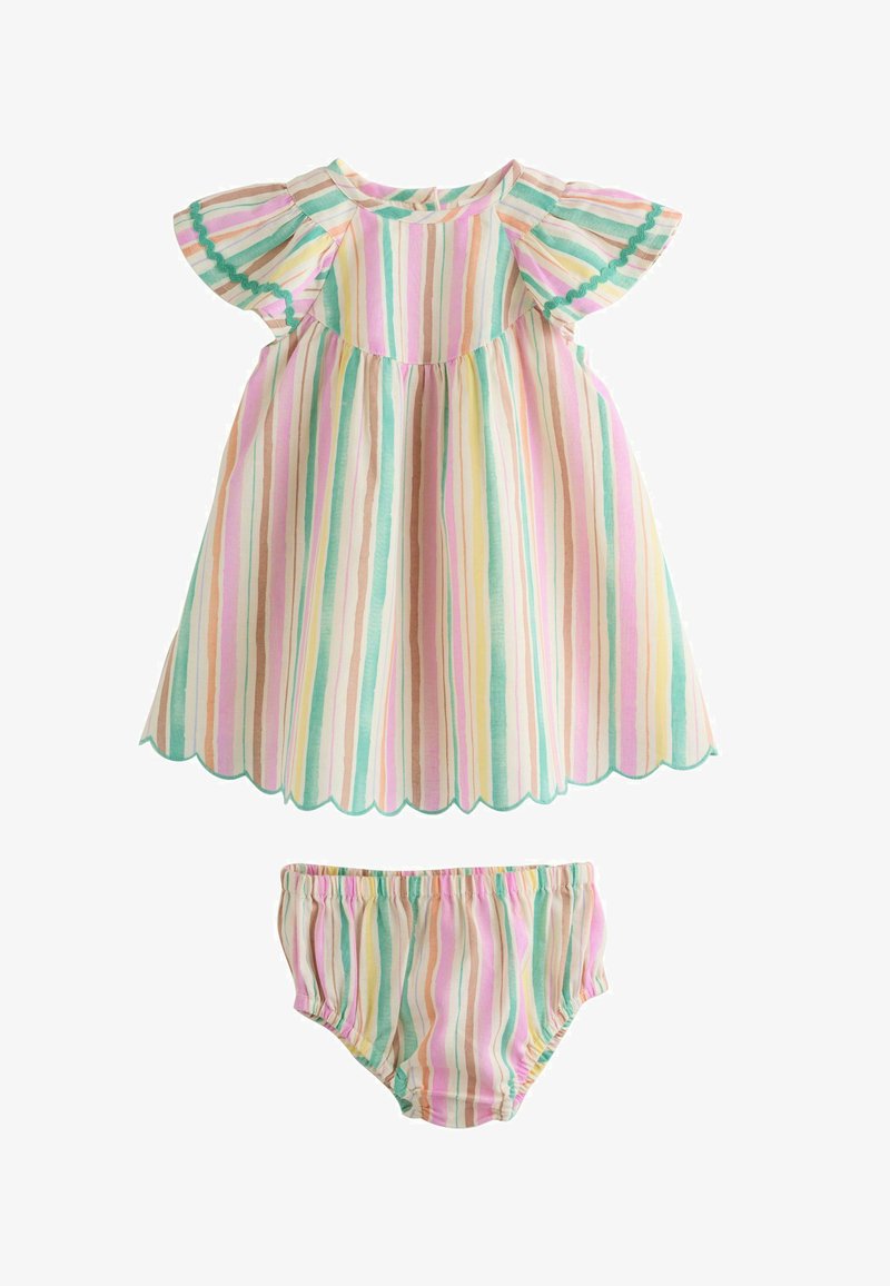Robe pour tout-petit et bloomer assorti avec des rayures verticales pastel en rose, jaune, vert et beige, dotés de bords festonnés et de manches volantées.