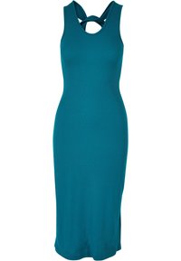 Robe sans manches, côtelée et teal avec un col rond et un dos croisé, à coupe ajustée et longueur genou.