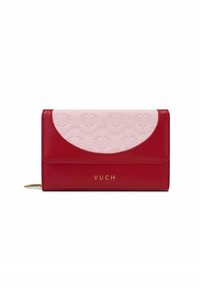 Red wallet with a pink embossed flap, featuring a smooth texture and gold logo "VUCH" on the front. Rectangular shape, elegant design.