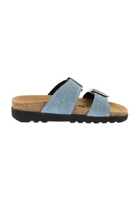 Ciabatte scivolate in denim blu con due cinghie regolabili, soletta in sughero e suola in gomma nera. Superficie testurizzata sulle cinghie per una migliore presa.