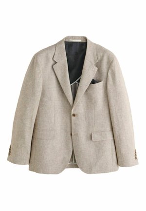 Beige linen blazer with notched lapels, two front pockets, single-button closure, and a black inner lining, featuring a chest pocket.