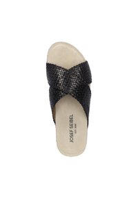 Black woven leather slide sandal with a crossed strap design. Soft beige insole with brand logo printed. Flat sole, minimalistic style.