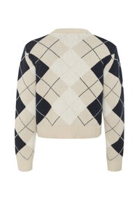 Sweter w kremowo-granatowy wzór w jodełkę, z dzianiny, z okrągłym dekoltem oraz ściągaczami na hemie i mankietach.
