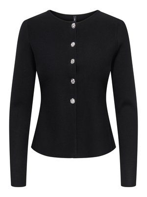 Cardigan noir ajusté à manches longues avec six boutons argentés texturés alignés au centre avant et un col rond.