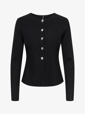 Cardigan noir ajusté à manches longues avec six boutons argentés texturés alignés au centre avant et un col rond.