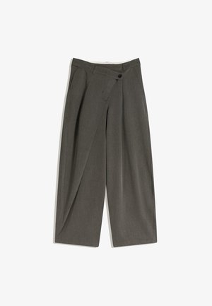 Wide-legged trousers in a dark grey fabric. Features a flat front, side pockets, and a single button closure. Smooth texture, tailored fit.
