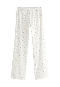 Bomuldsnyl pants med elastisk talje, i hvid bund med små blå blomster mønstre og lige ben design.