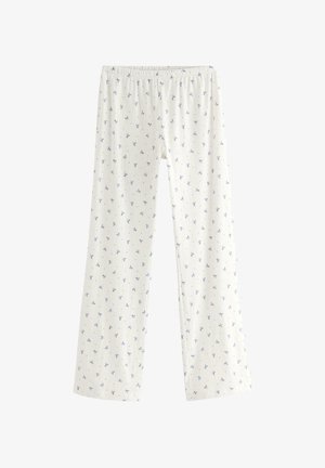 Bomuldsnyl pants med elastisk talje, i hvid bund med små blå blomster mønstre og lige ben design.