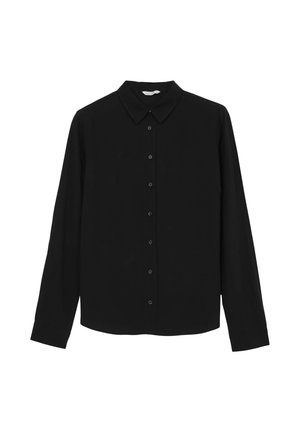 Camicia nera a maniche lunghe con bottoni e colletto classico, realizzata in un tessuto morbido. Presenta una chiusura frontale con bottoni e un orlo dritto.