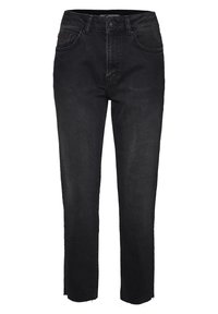 Černé džíny z denimu se střihy rovného nohavice, vysokým pasem, zapínáním na knoflík a roztrženým lemem. Přední kapsy a jemné detaily prošití.