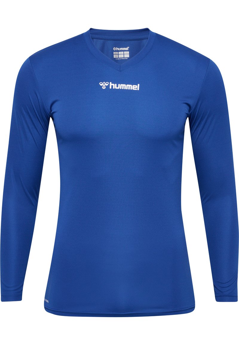 Langärmeliges Sportshirt in leuchtendem Blau, aus glattem, leichtem Stoff. Mit einem V-Ausschnitt und dem weißen "Hummel"-Logo.