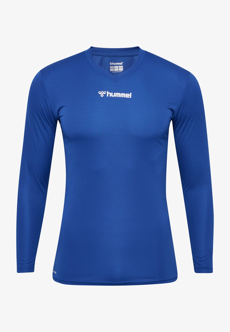 Langärmeliges Sportshirt in leuchtendem Blau, aus glattem, leichtem Stoff. Mit einem V-Ausschnitt und dem weißen "Hummel"-Logo.