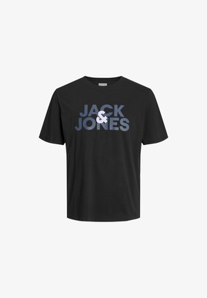 Sort bomulds T-shirt med iøjnefaldende blå og hvide "JACK & JONES" tekst over brystet. Klassisk crew neck design, korte ærmer.