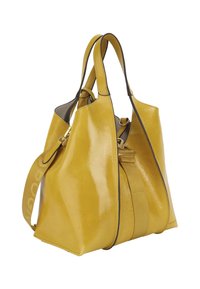 Żółta torebka o błyszczącym wykończeniu, z podwójnymi uchwytami, regulowanym paskiem i kontrastowymi ciemnymi krawędziami. Prosty i funkcjonalny design.