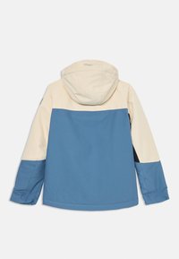 Farbenblockierte Jacke mit blauem Körper, cremefarbigem Oberteil und schwarzen Akzenten. Kapuzen-Design, glatte Textur und strapazierfähiges Material.