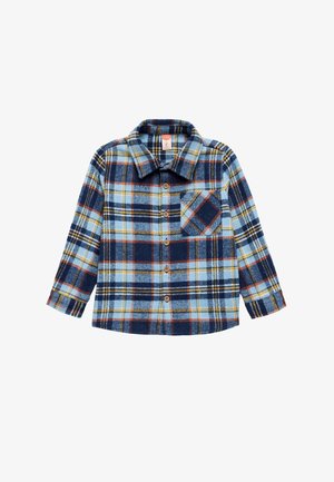 Flanellhemd mit einem karierten Muster in Blau, Marineblau und Gelb. Es hat einen Kragen, lange Ärmel, eine vordere Knopfleiste und eine Brusttasche.