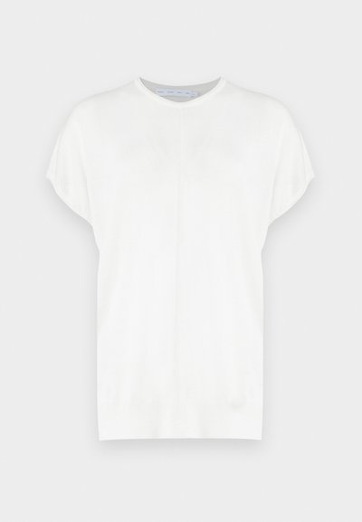 White short-sleeve knit top with a round neckline, featuring a smooth texture and subtle seam detailing on the front.