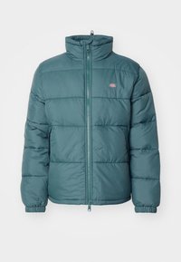 Puffjacka i teal, med hög krage, fullständig frontdragkedja och elastiska ärmslut. Märkbar kviltad design med vaddering för isolering.