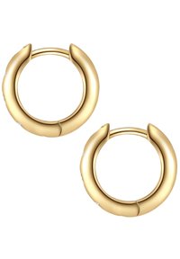 Zelta riņķa auskari ar gludu, noapaļotu dizainu. Iekļauts sprādzes aizdare un mazas, caurspīdīgas akcenta akmeņi uz ārējā malas.