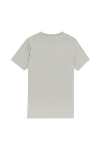Simpel lysegrå kortærmet T-shirt liggende fladt, set fra bagsiden, med rund halsudskæring og enkle syningsdetaljer.