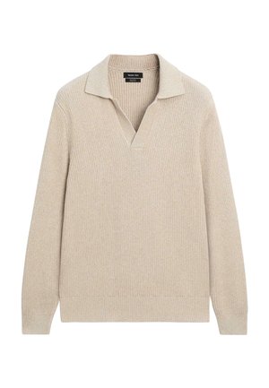 Béžový pletený svetřík s širokým límcem, výstřihem do V, žebrovanou strukturou a dlouhými rukávy. Žádné viditelné vzory ani kovové detaily.