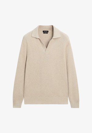 Beiger Strickpullover mit weitem Kragen, V-Ausschnitt, geripptem Muster und langen Ärmeln. Keine sichtbaren Muster oder Applikationen.