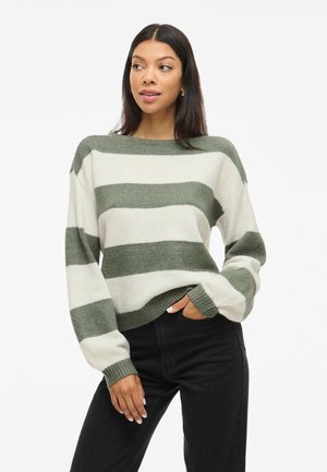 Maglione leggero lavorato a maglia con righe orizzontali verdi e crema, colletto rotondo e vestibilità morbida con polsini e orlo a costine.