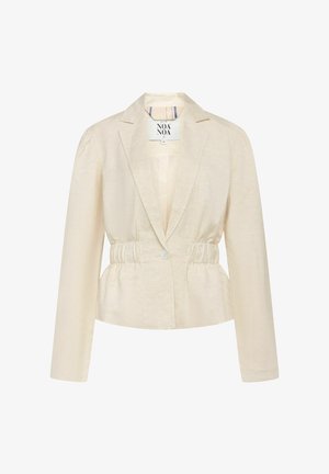 Blazer color crema realizzato in tessuto leggero, con vita arricciata, chiusura con un solo bottone e colletto a rever. Maniche lunghe.